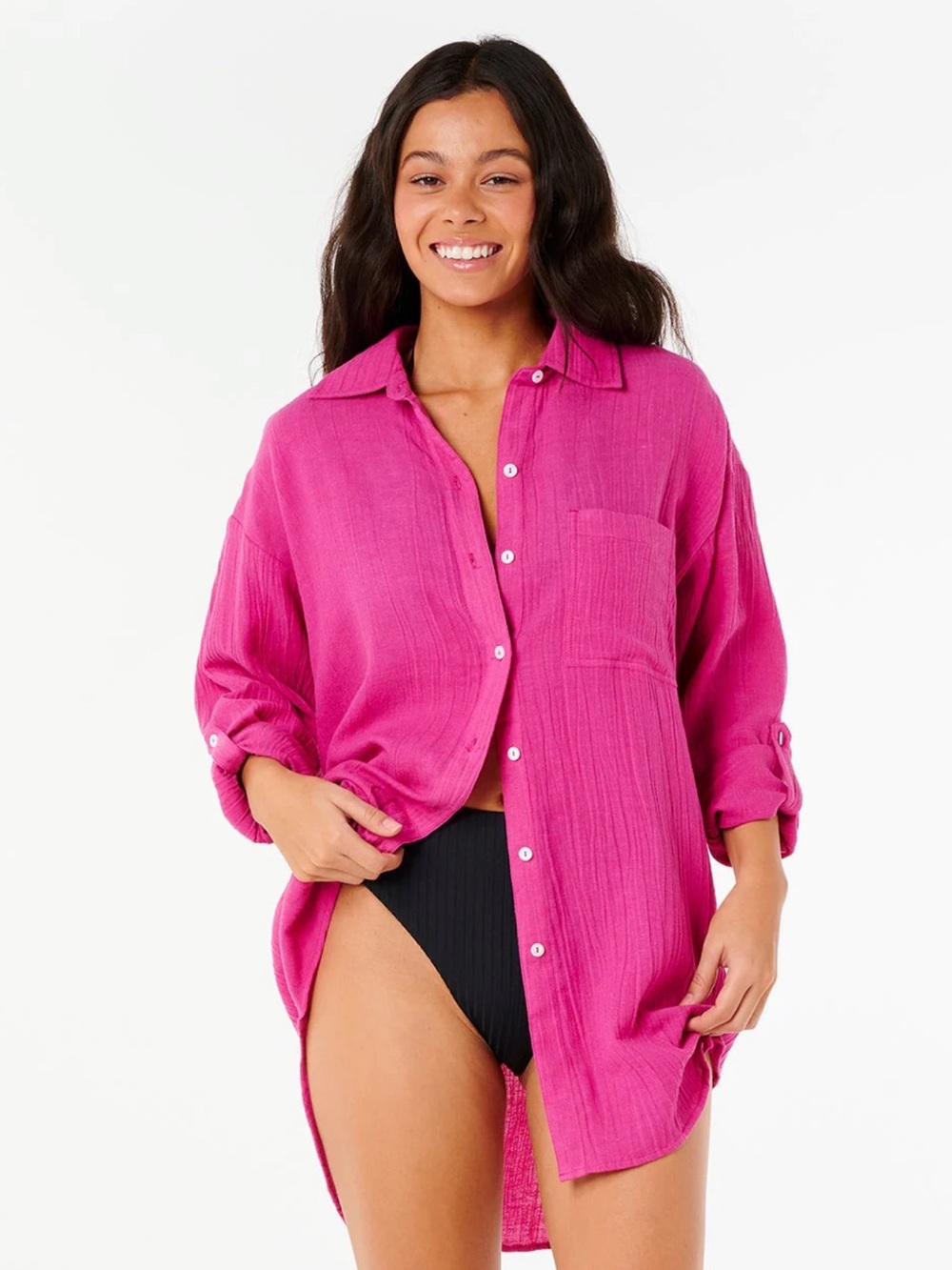NWT Ripcurl Women’s Fuchsia Linen-Blend Button Shirt Dress - Swim Cover-Up M